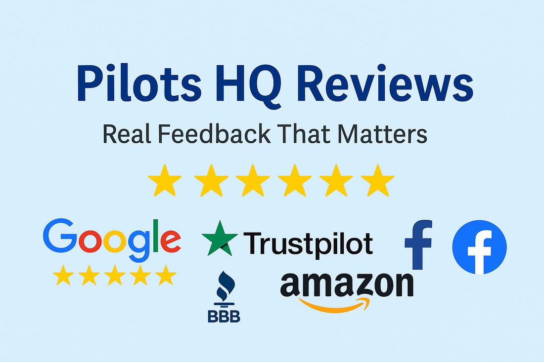 Collage of Pilots HQ reviews platforms including Google, Trustpilot, BBB, Amazon, and Facebook with star ratings