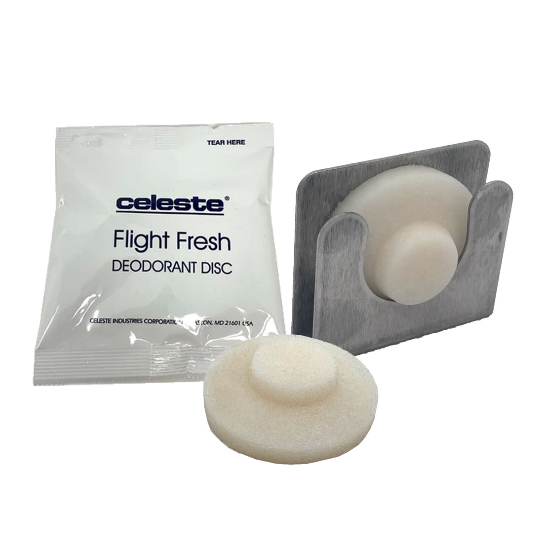 Celeste Flight Fresh Air Freshener Disc with its secure holder – a compact deodorizing solution designed for effective odor control in confined spaces like aircraft, cars, and homes.