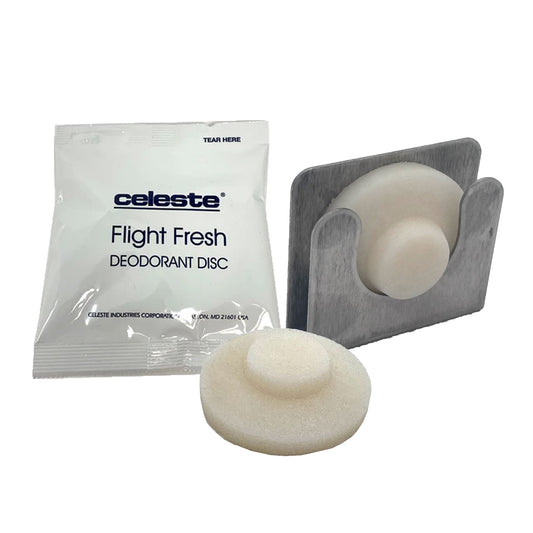 Celeste Flight Fresh Air Freshener Disc with its secure holder – a compact deodorizing solution designed for effective odor control in confined spaces like aircraft, cars, and homes.