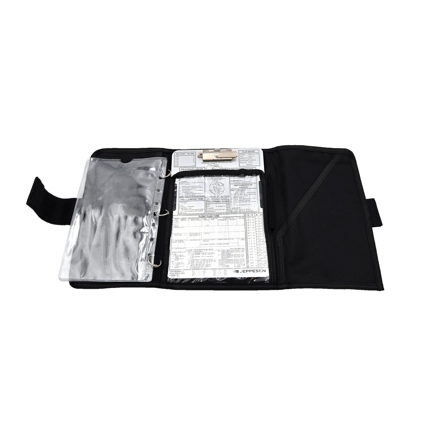 Jeppesen IFR Three-Ring Kneeboard – Fully Opened View Displaying Three-Ring Binder and Storage Pockets