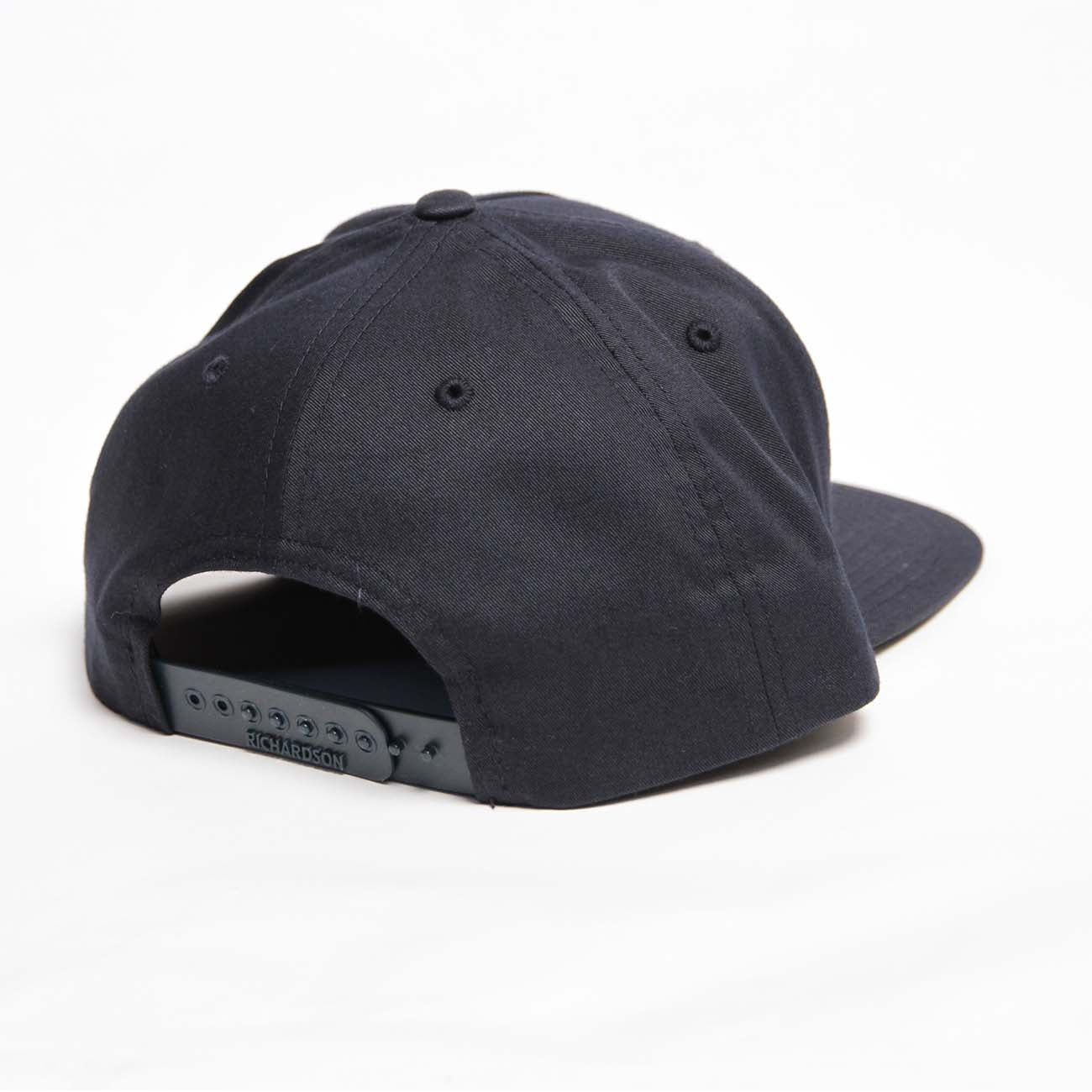 Navy Boeing flat bill snapback hat rear view with Richardson strap