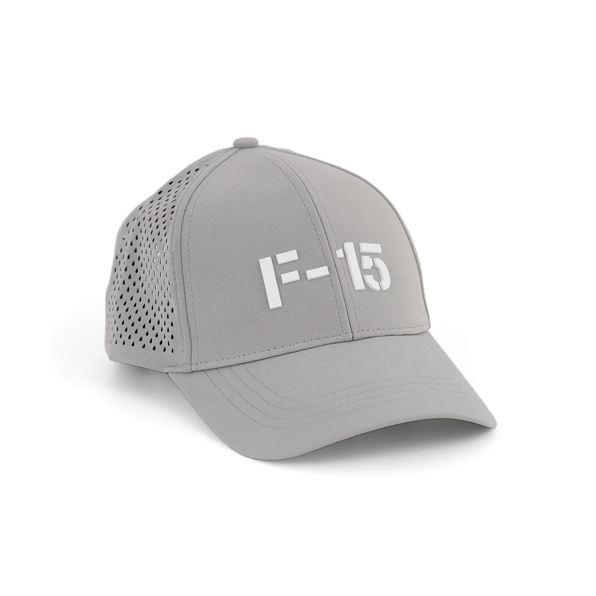 Boeing F-15 Eagle series gray military aviation hat side angle showing breathable perforation