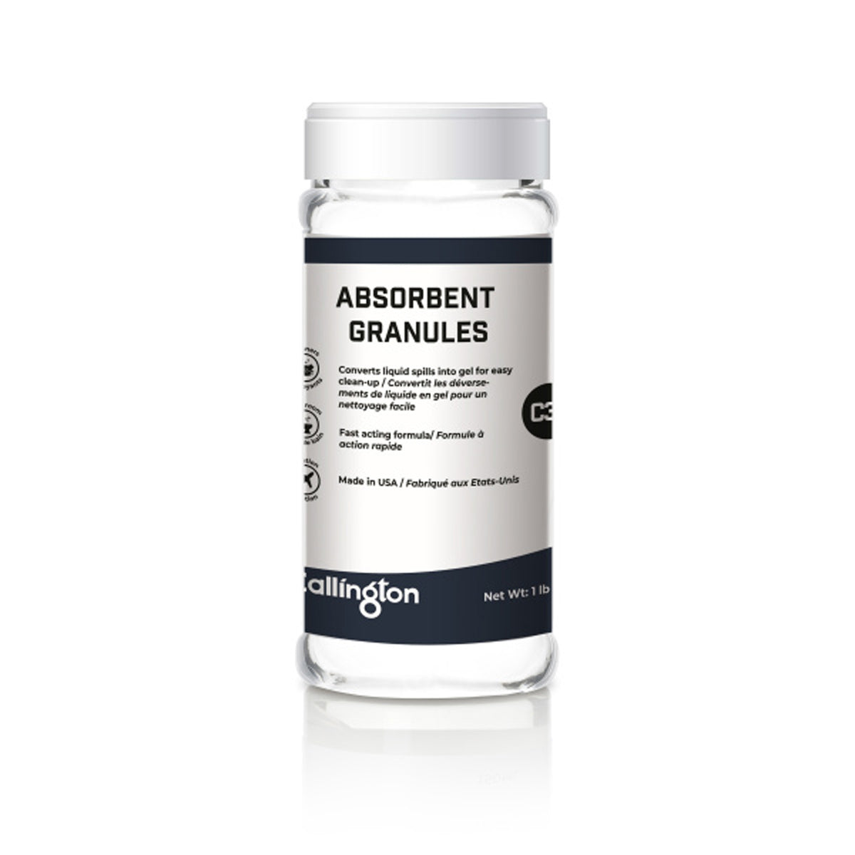 Callington Absorbent Granules – Emergency spill cleanup powder in 16 oz bottle for aircraft and commercial use.