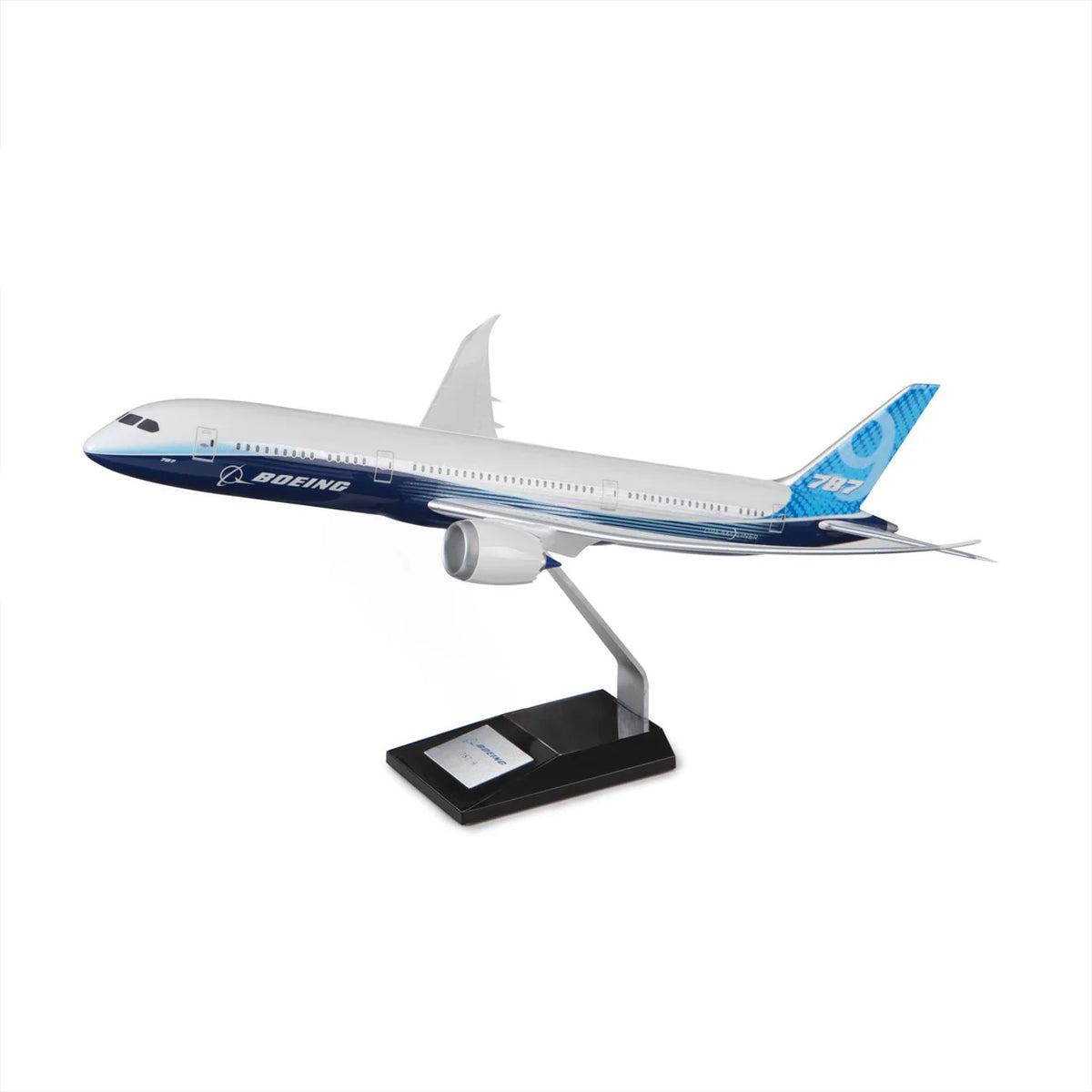 “Boeing 787-9 Dreamliner 1:100 resin model aircraft on display stand in Boeing house livery”