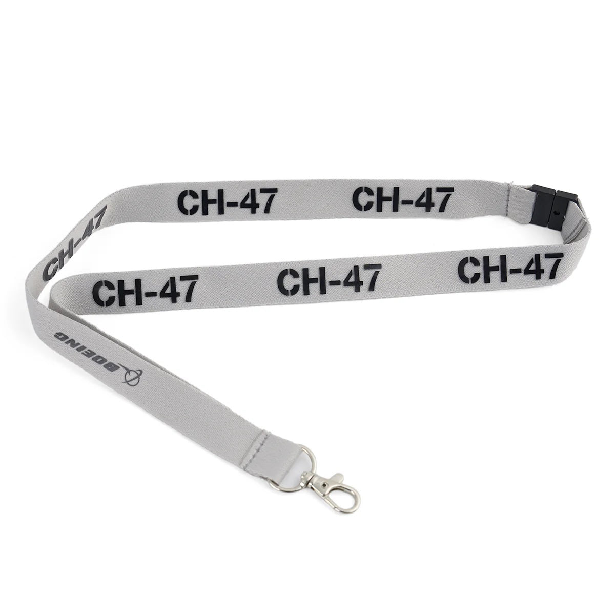 Boeing CH-47 Chinook Series gray lanyard with black text and Boeing logo, featuring metal clasp and detachable buckle