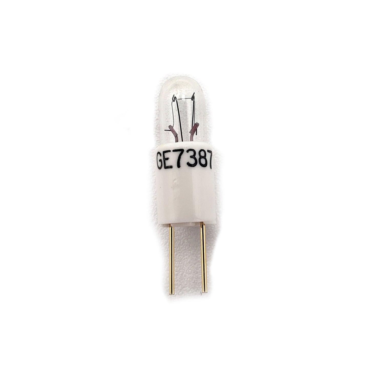 GE Incandescent Lamp 28V 1W 7387 28926 – Upright Bulb with Printed SKU and Prongs Visible