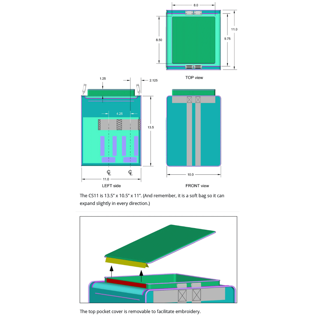 BrightLine Bags CS11 11 Inch Center Section size and dimension diagram