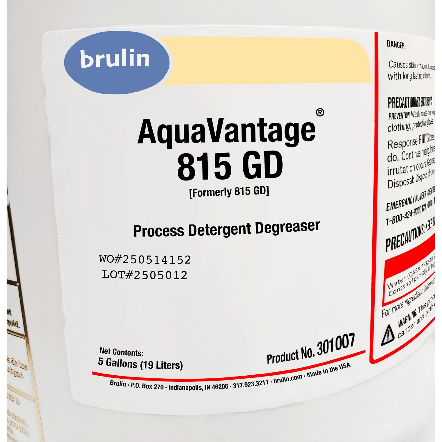 Close-up of Brulin AquaVantage 815 GD main label showing brand name, process detergent degreaser description, and 5-gallon net contents.