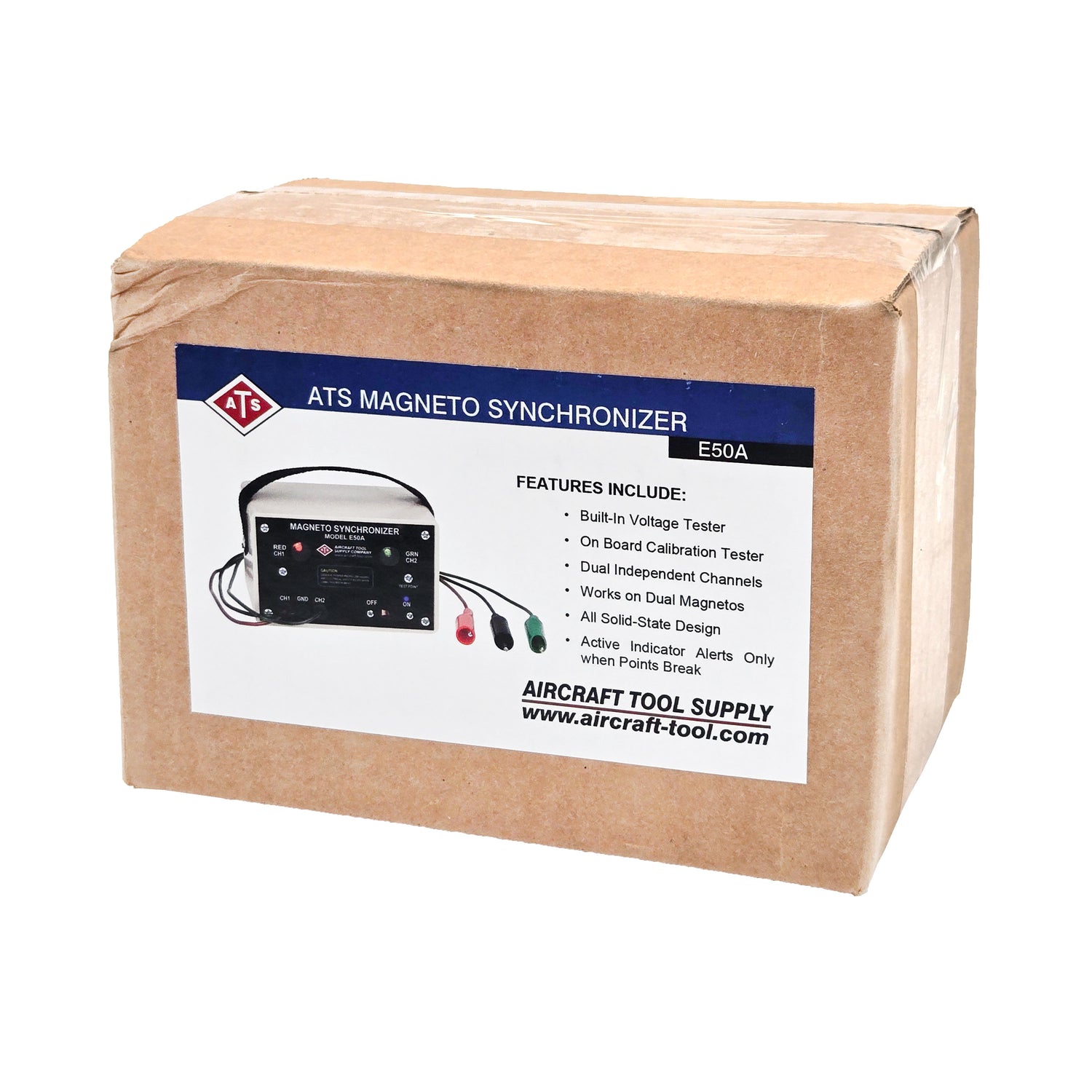 Boxed Eastern Technology E50 Magneto Timing Light with labeled features and image of the synchronizer tool on white label.