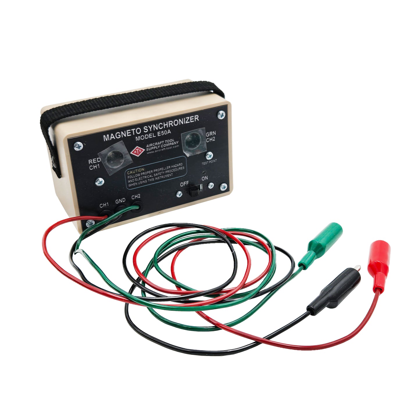 Eastern Technology E50 Magneto Timing Light with red, green, and black leads, dual channel indicators, and control switch.