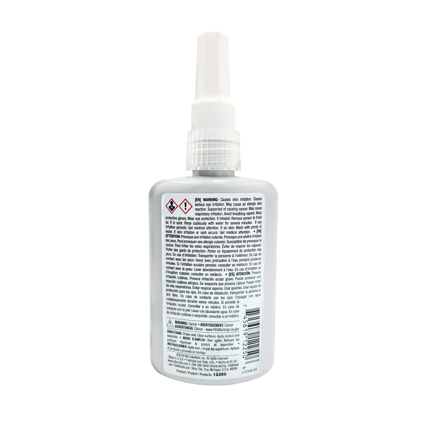 Back label of expired Vibra-Tite 122 threadlocker showing GHS hazard pictograms, cancer warning, irritation cautions, and multilingual usage directions