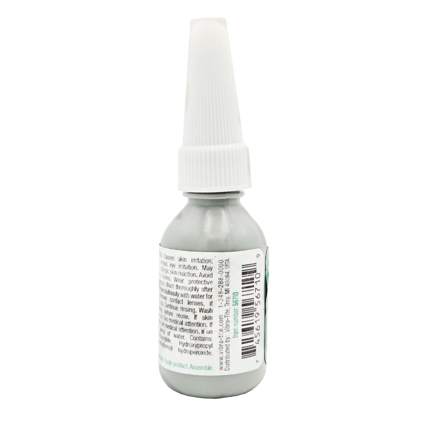 Back of Vibra-Tite 567 High Temp Retaining Compound bottle showing barcode, distribution info, and web address.