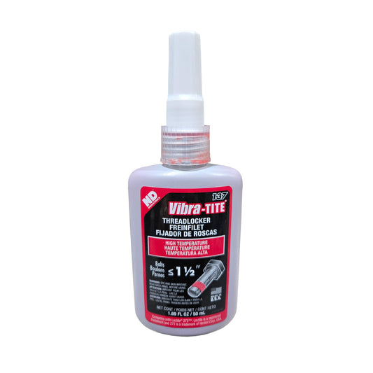 Front of Vibra-Tite 137 High Temperature High Strength Threadlocker 50mL bottle showing label and bolt graphic.