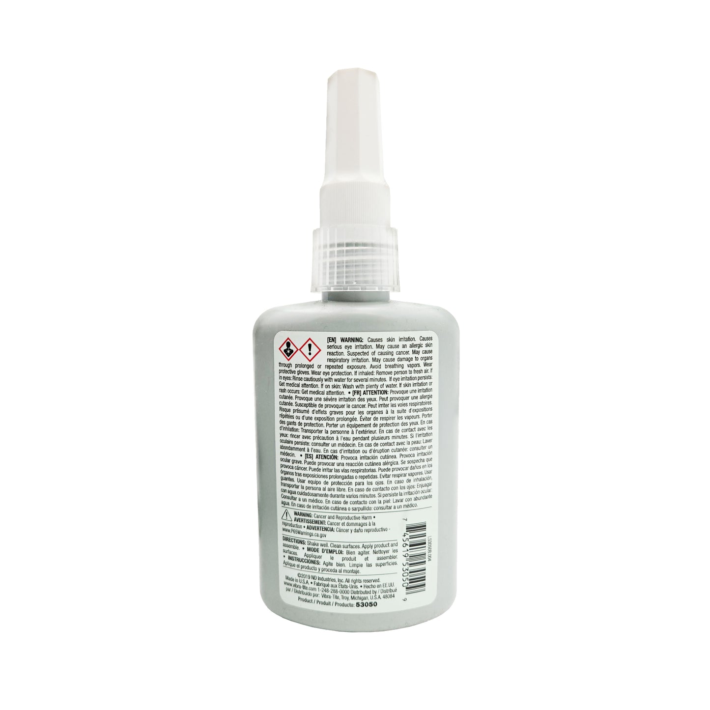 Back label of expired Vibra-Tite 530 retaining compound with GHS hazard pictograms, cancer warning, irritation cautions, and multilingual directions