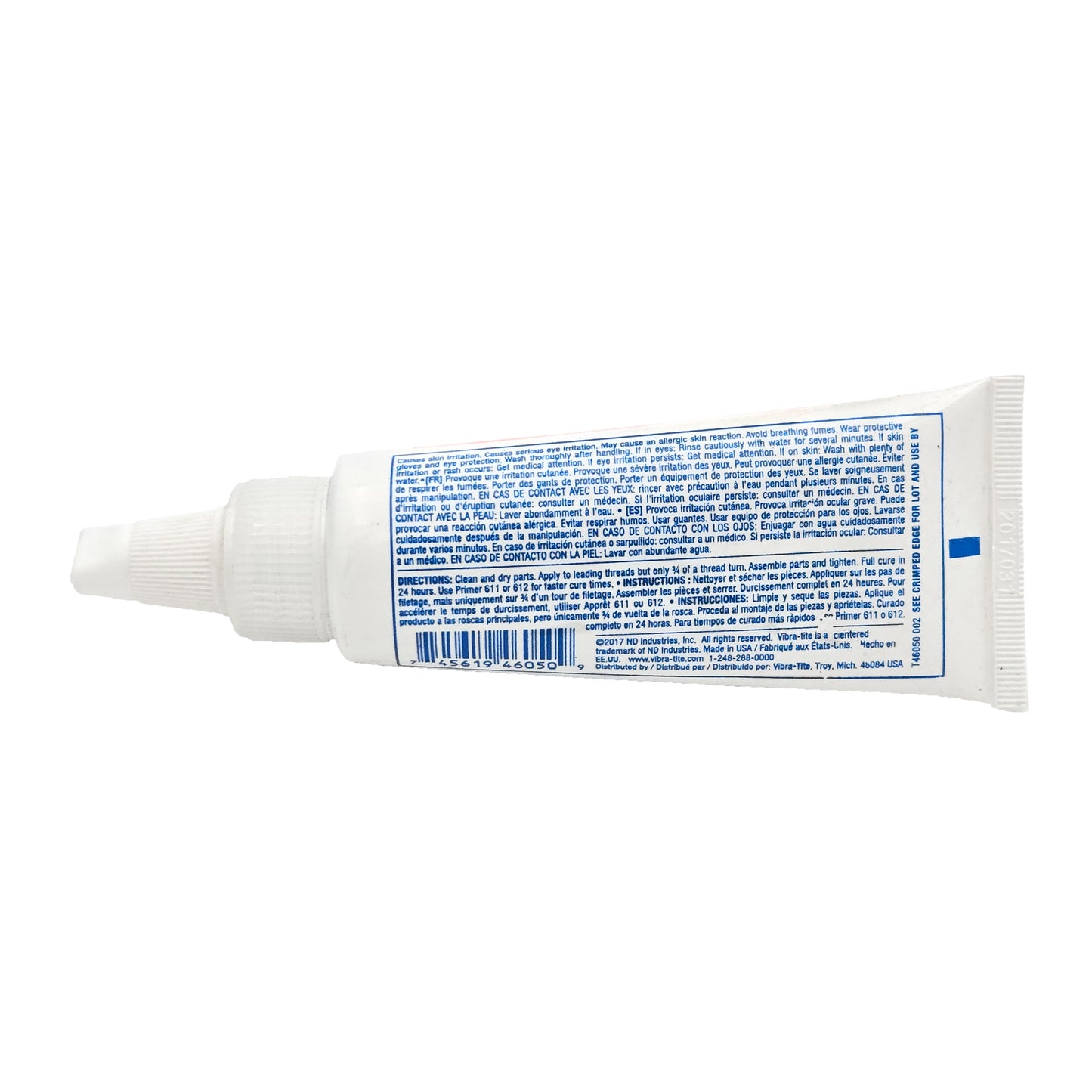 Front of Vibra-Tite 460 High Temp Stainless Steel Thread Sealant 50mL tube showing label and warning icon.