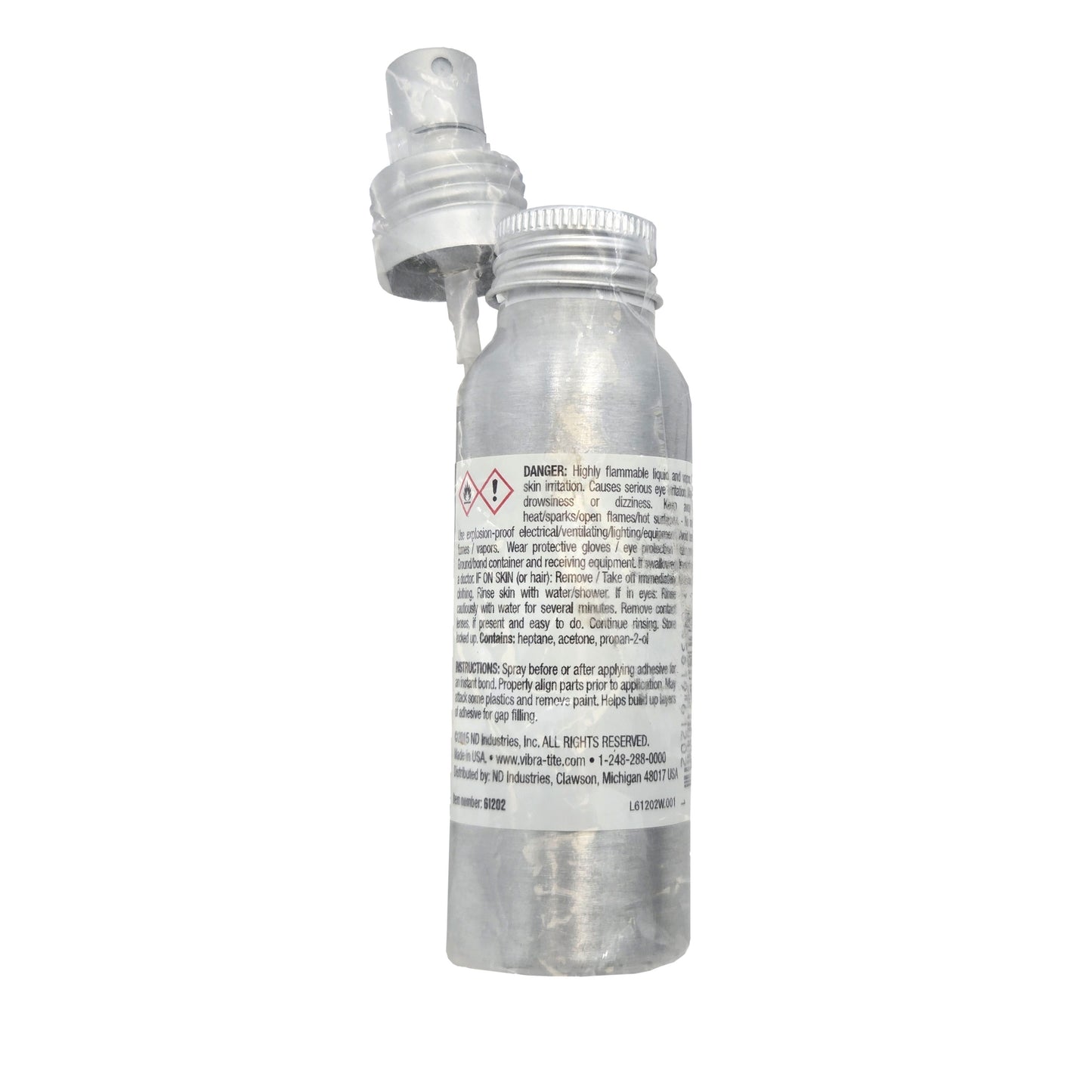 Back of Vibra-Tite 612 Primer T bottle showing danger warnings, handling instructions, and manufacturer details.