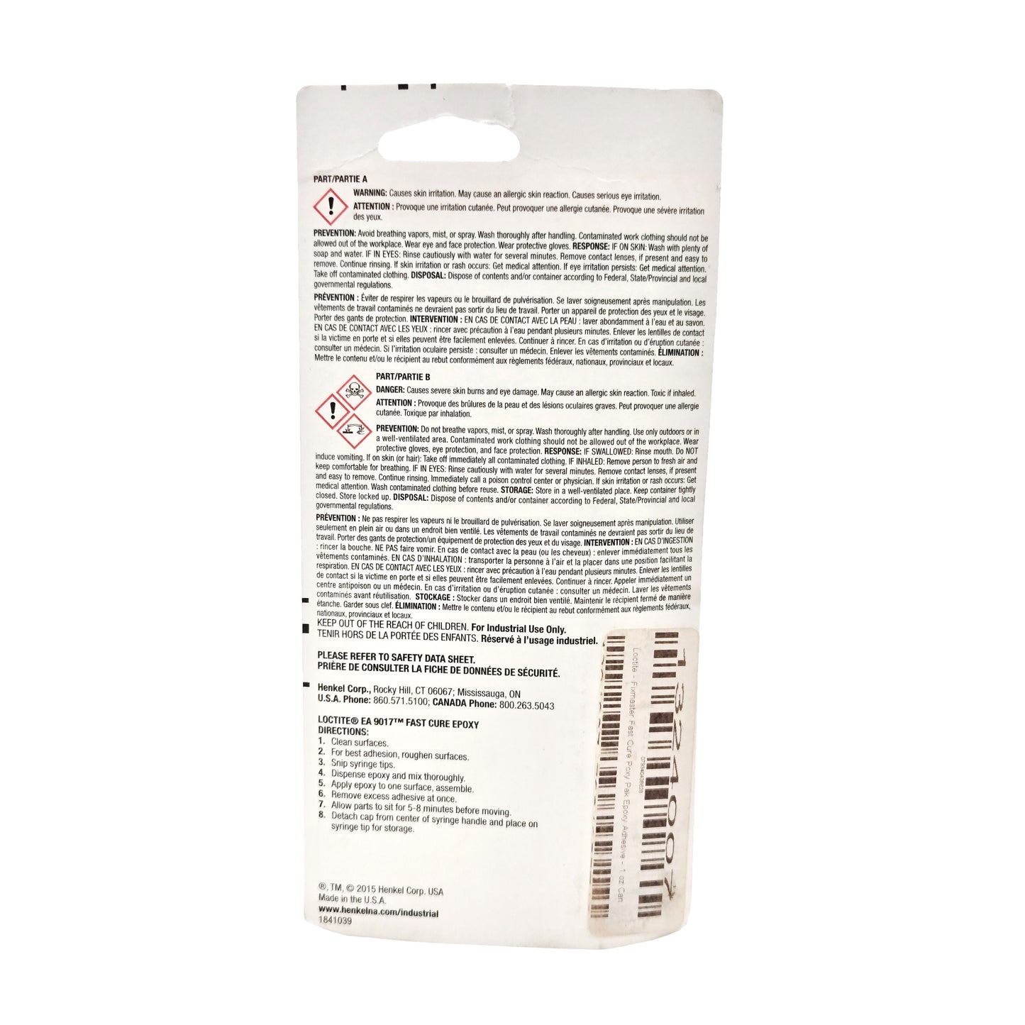 Back of Loctite Fixmaster Fast Cure Epoxy Poxy Pak packaging showing application directions and safety warnings.