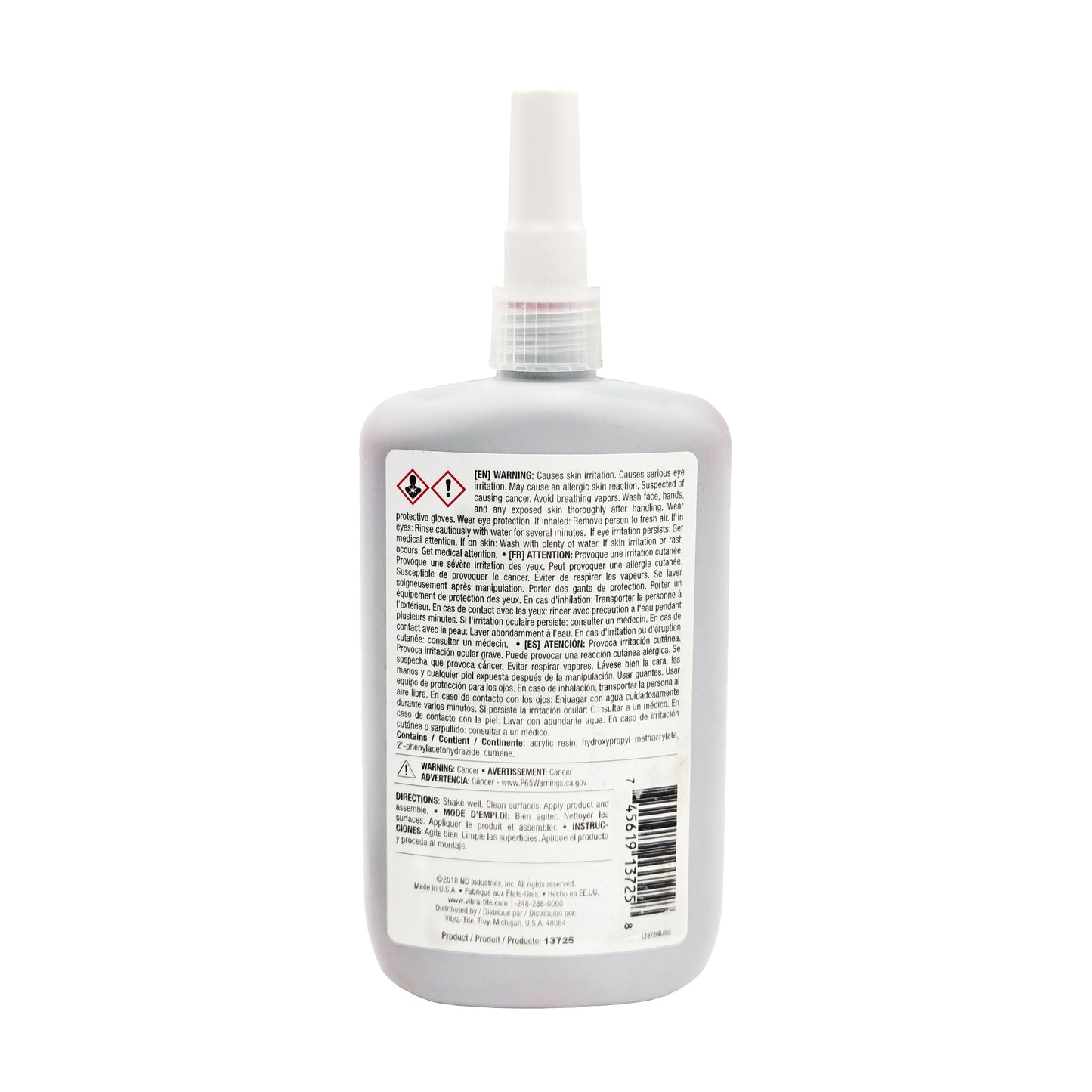 Back label of expired Vibra-Tite 137 threadlocker showing GHS hazard pictograms, cancer and irritation warnings, contents list, and multilingual directions
