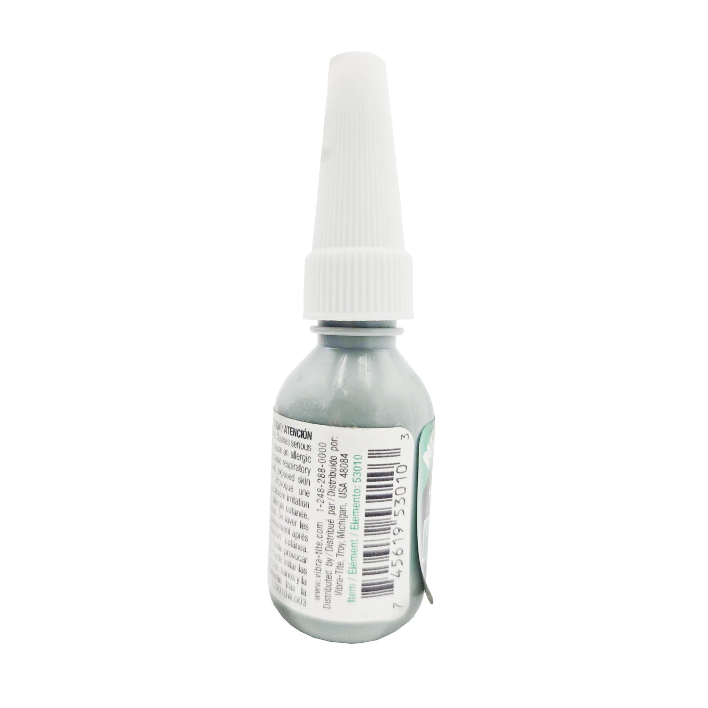 Close-up of Vibra-Tite 530 thread sealant back label showing hazard warnings and ingredient information.