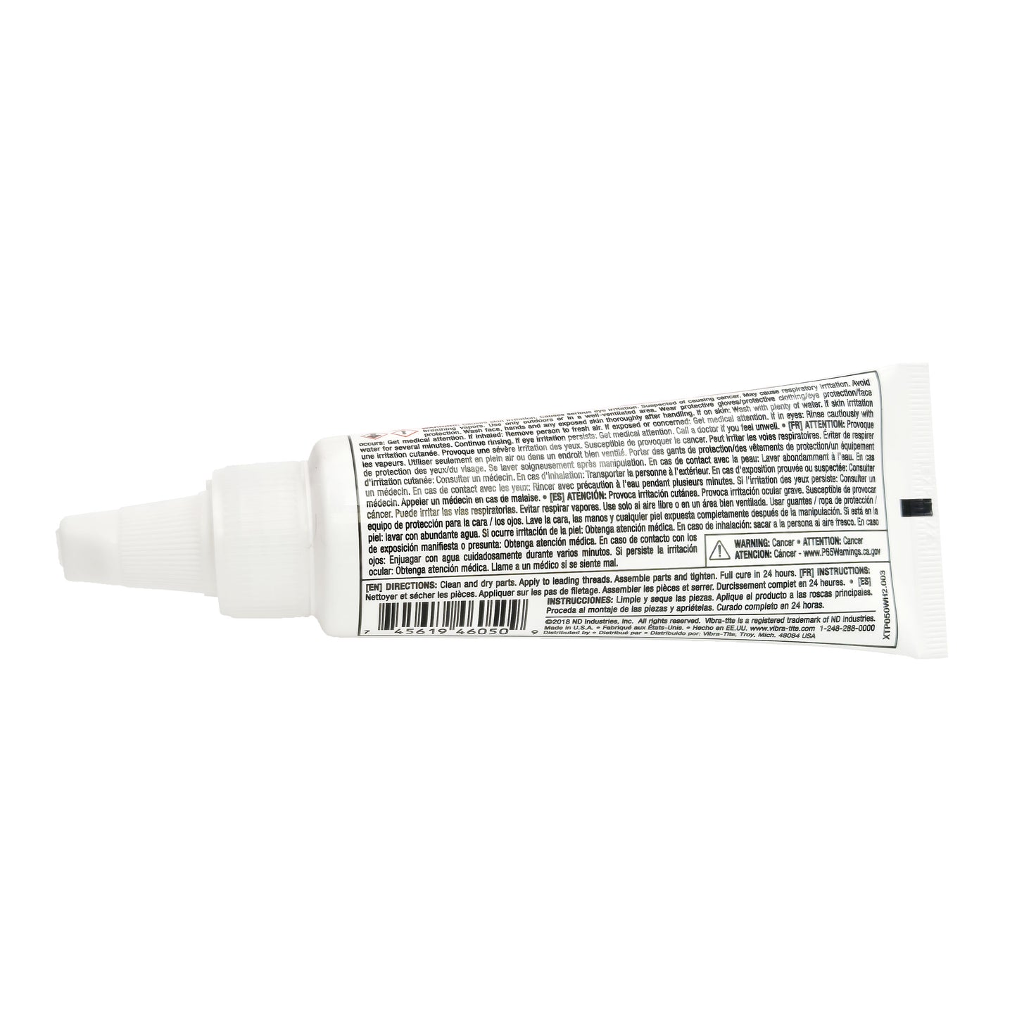 Back view of expired Vibra-Tite 460 thread sealant tube showing warning labels, caution statements, and usage directions.