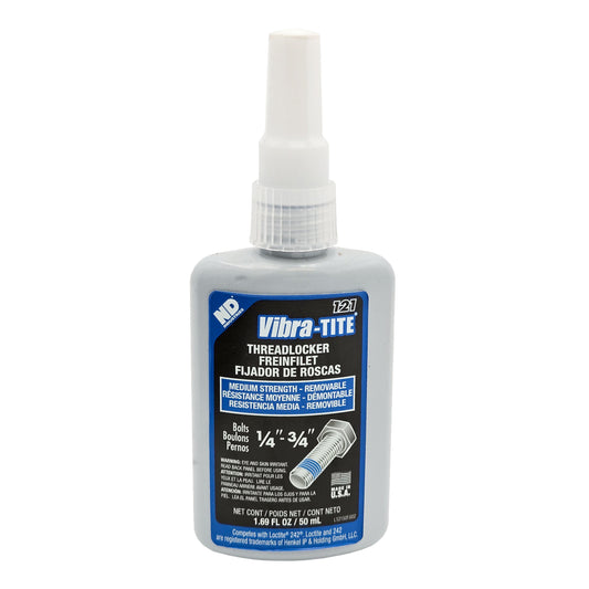 Front of Vibra-Tite 121 Medium Strength Removable Threadlocker 50mL bottle showing label and bolt graphic.