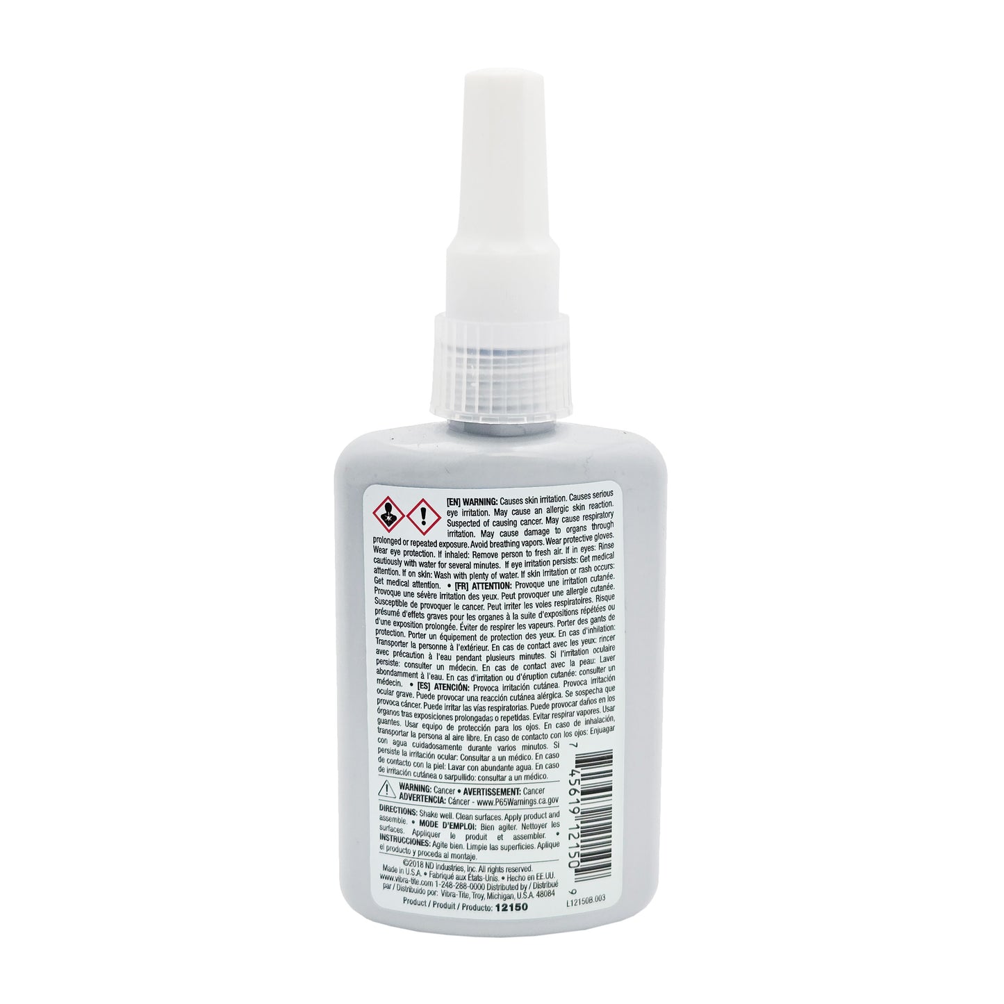 Back of Vibra-Tite 121 Threadlocker bottle displaying safety warnings, usage directions, and manufacturer details.