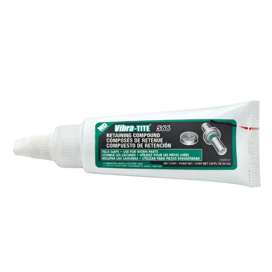 Front of Vibra-Tite 566 Retaining Compound 50mL tube showing label for gap filling and worn part repair.