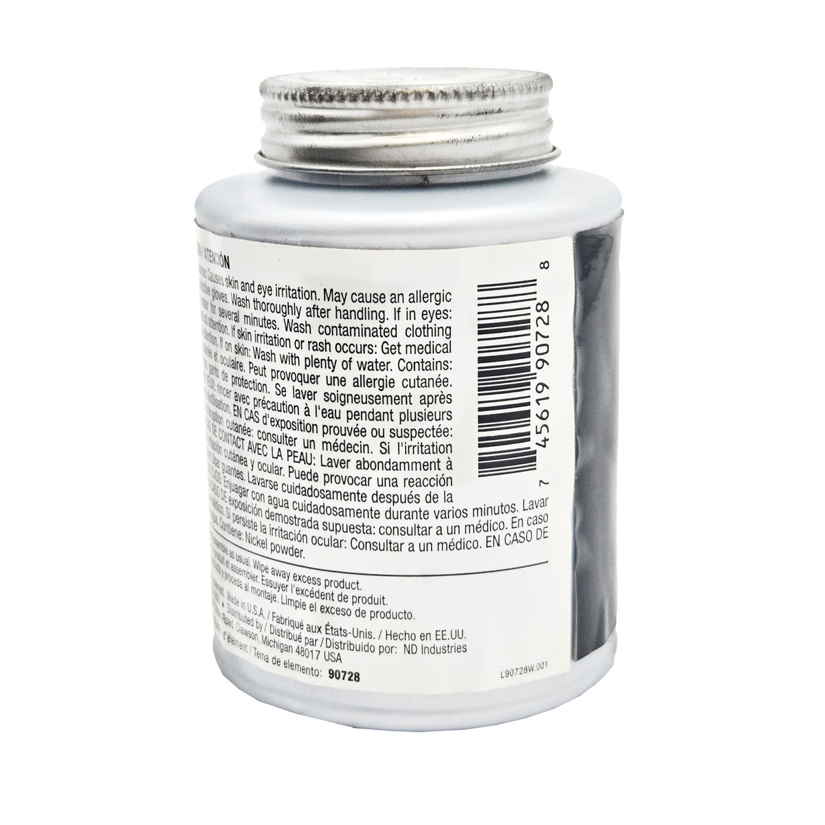 Back label of expired Vibra-Tite 9072 nickel anti-seize with additional safety warnings, first-aid instructions, barcode, and Made in USA marking