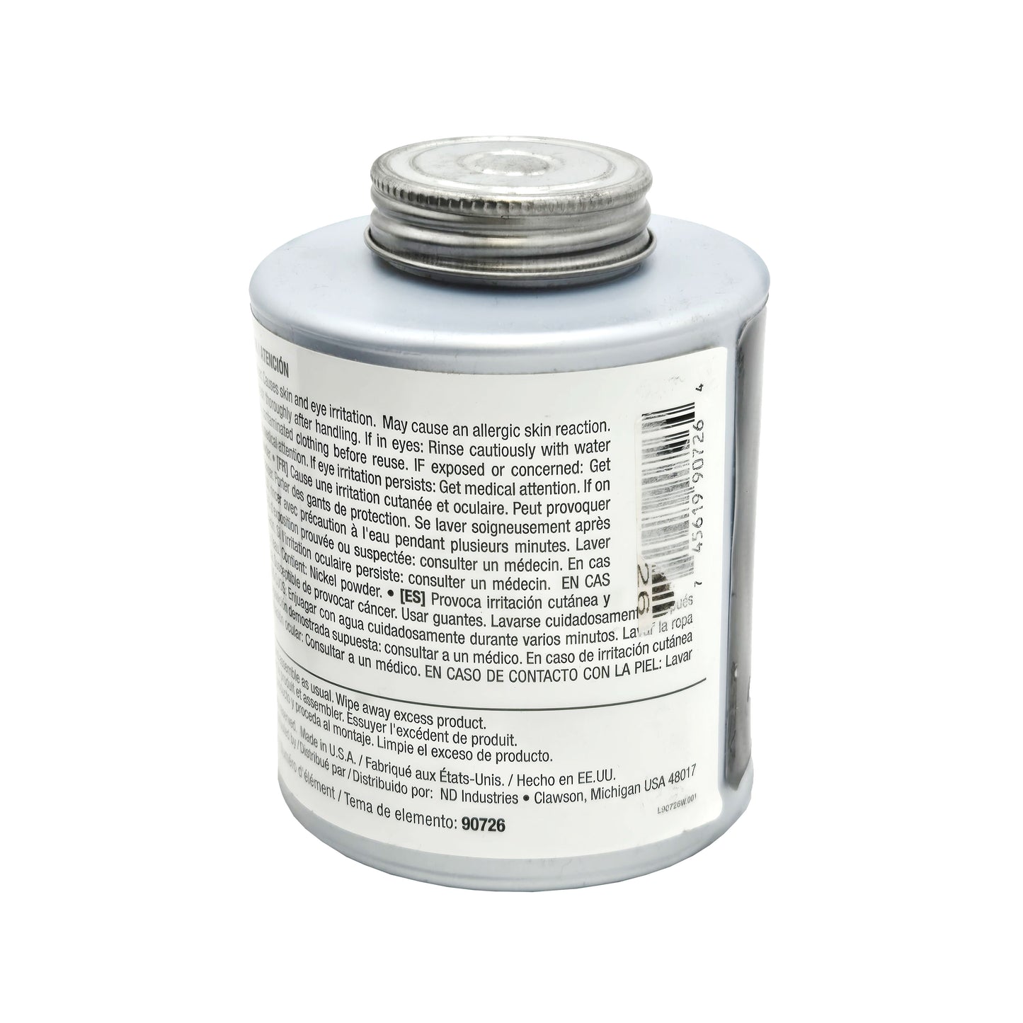 Back label of expired Vibra-Tite 9072 nickel anti-seize showing GHS hazard pictograms, cancer and irritation warnings, nickel powder content, and usage directions.