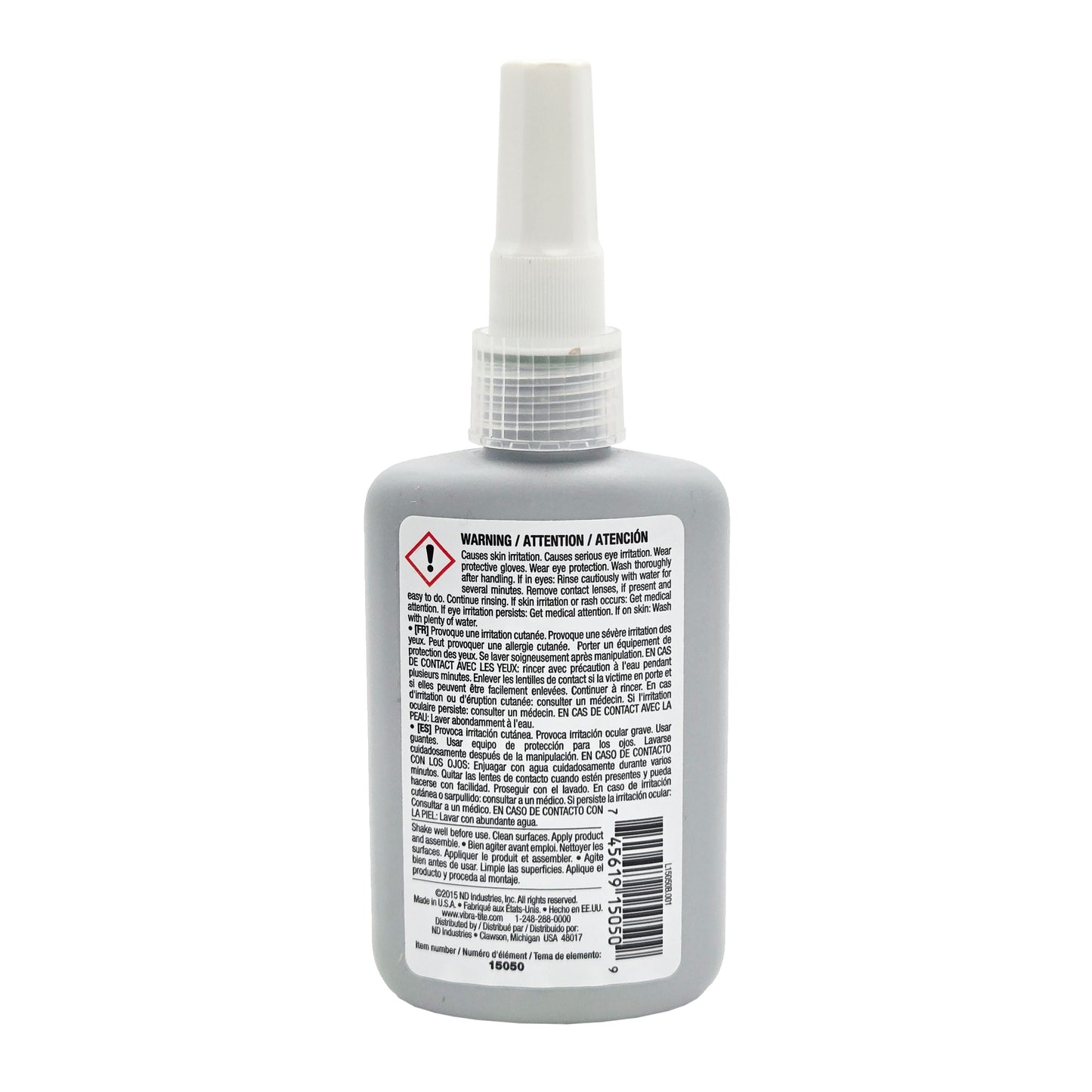 Back of Vibra-Tite 150 Threadlocker bottle displaying safety warnings, directions, and manufacturer details.