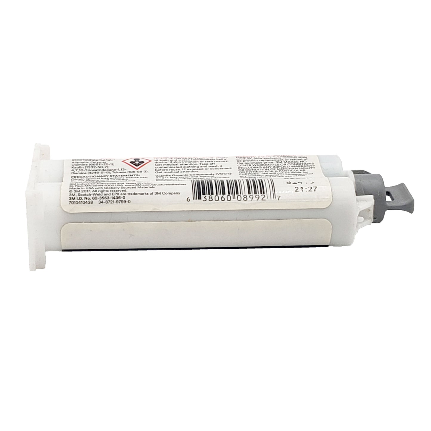 Centered back view of 3M Scotch-Weld DP190 epoxy cartridge showing UPC barcode and warranty and liability information.”