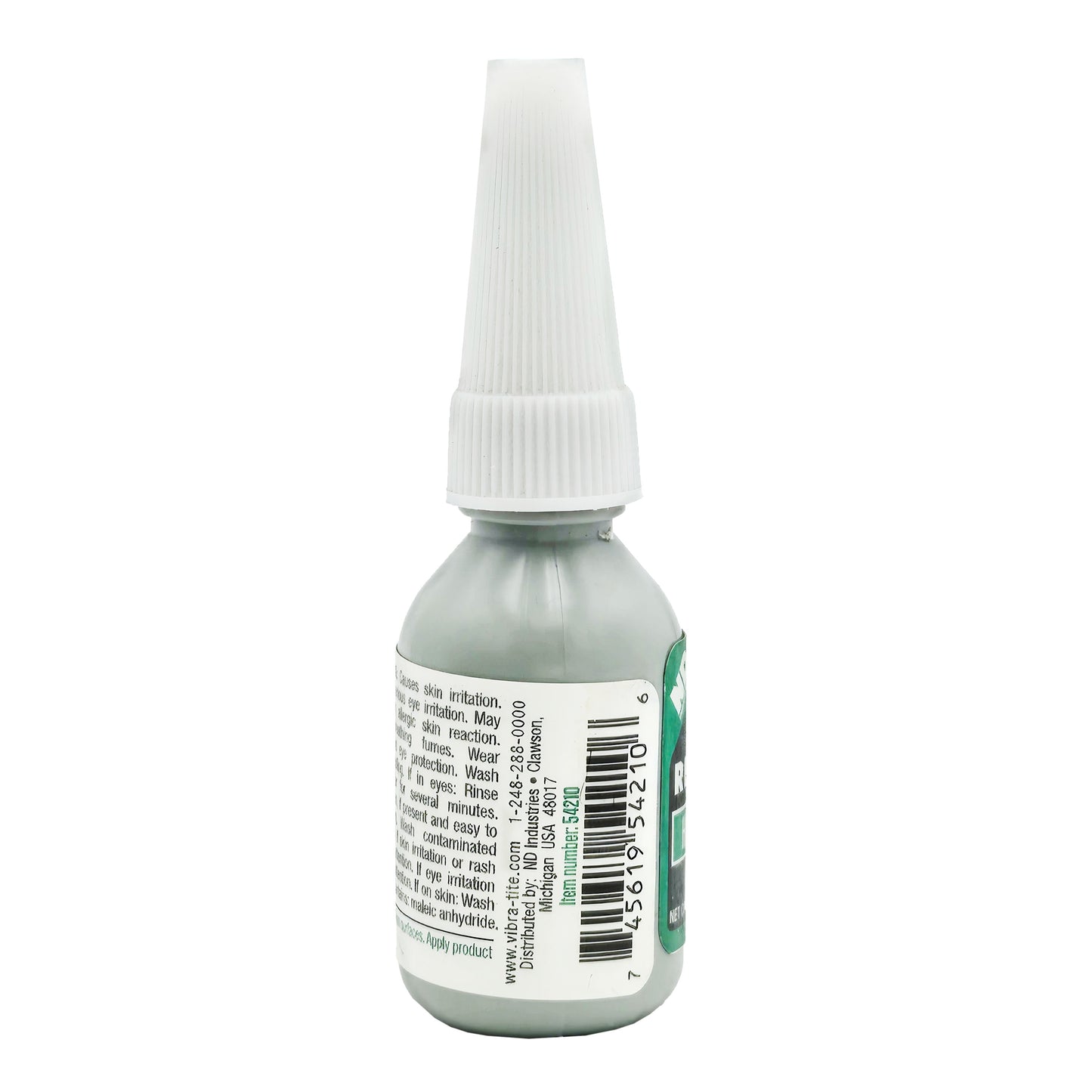 Back of Vibra-Tite 542 Retaining Compound showing barcode, distributor details, and product information.