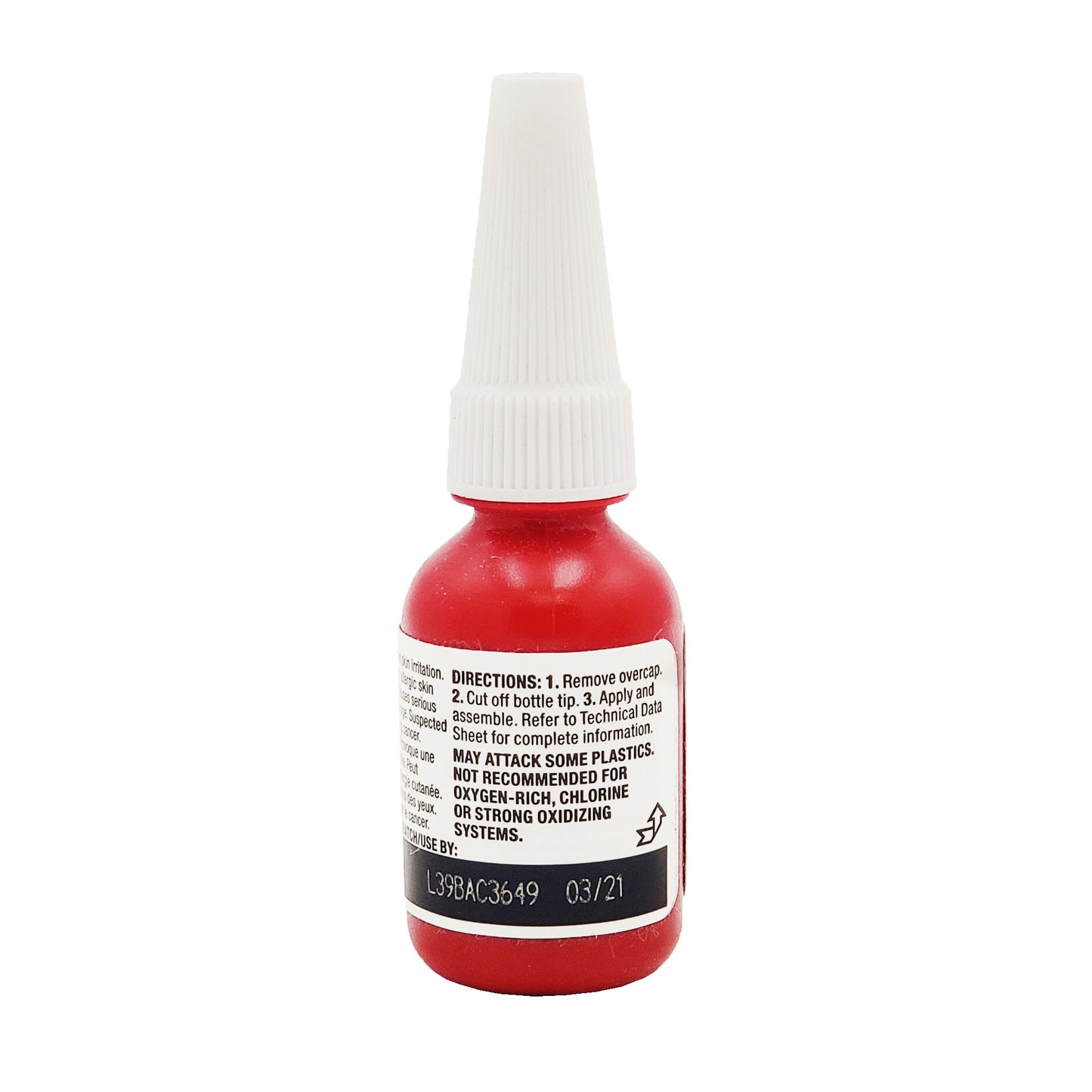 Back label of Loctite 638 retaining compound with directions and batch number L39BAC3649 exp 03/21