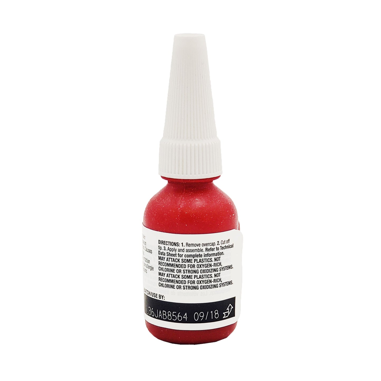 Back label of Loctite 680 retaining compound with application directions and batch use-by date