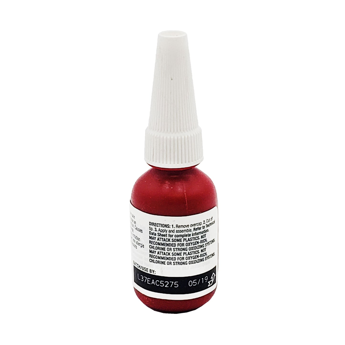 Back label of expired Loctite 680 retaining compound showing application directions, plastic compatibility warning, and use-by date