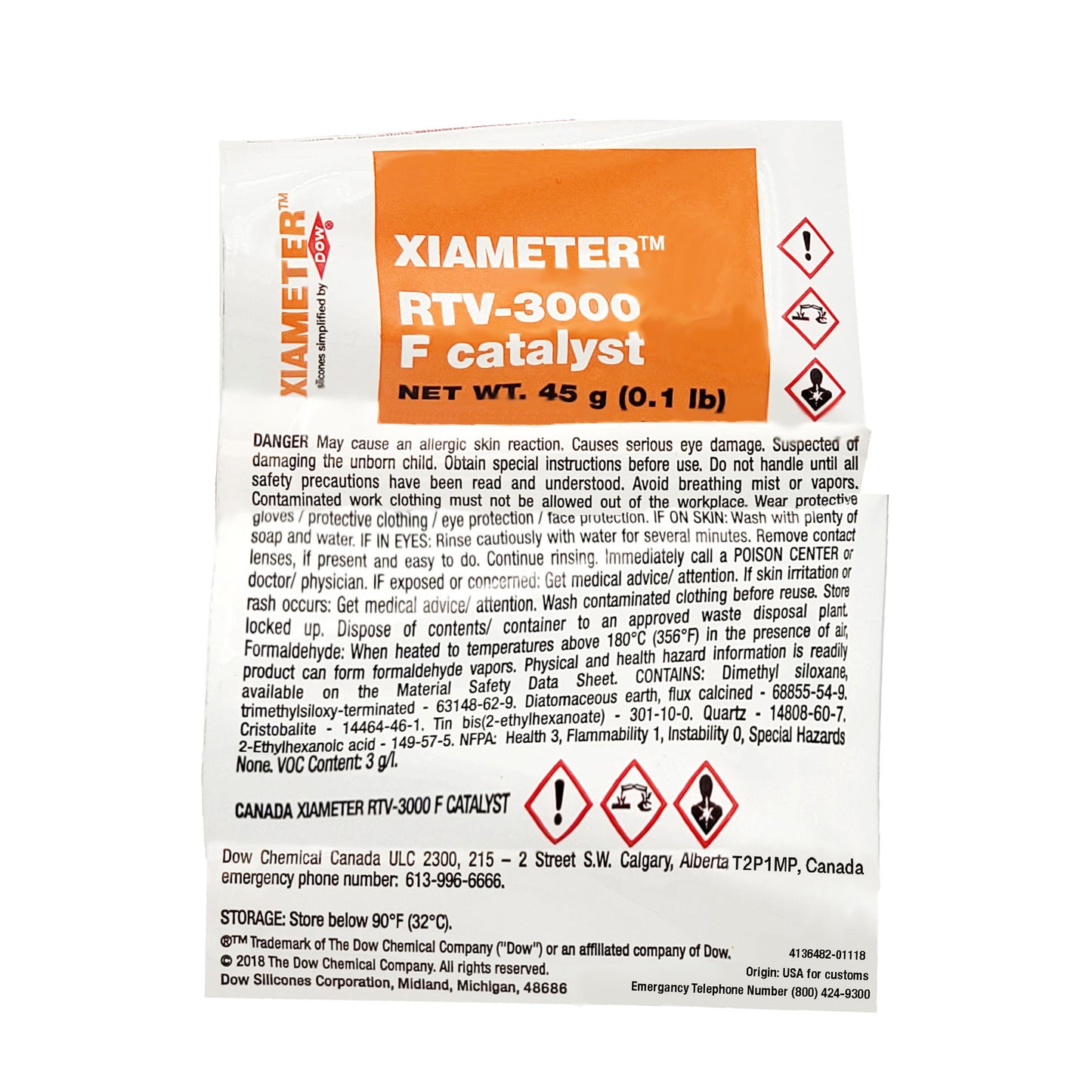 Unfolded full label of XIAMETER RTV-3000 Catalyst F showing complete branding, safety warnings, and technical instructions