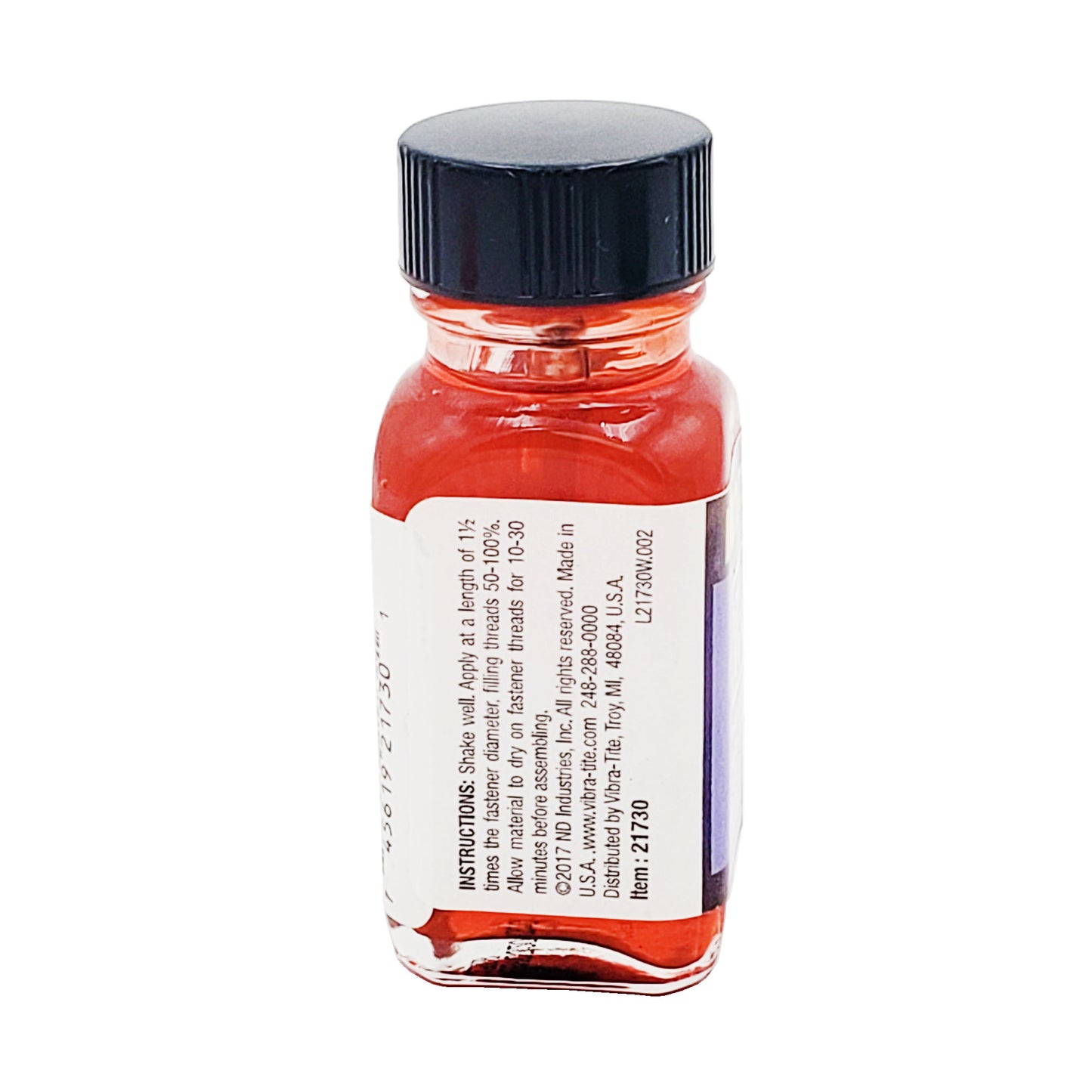 Side label of Vibra-Tite 217 VC-4 threadlocker with application instructions and ND Industries information