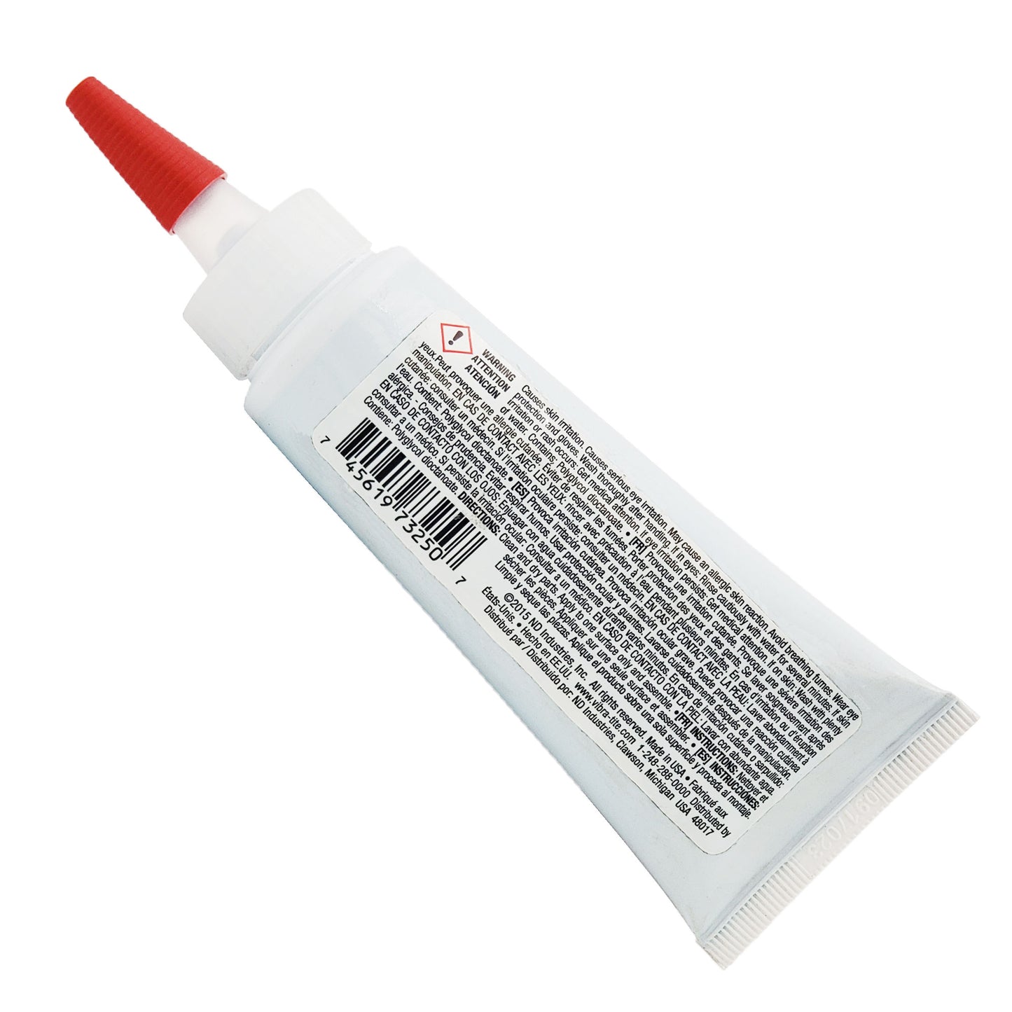 Back label of Vibra-Tite 732 gasket maker 50mL showing safety warnings and barcode 745619732507
