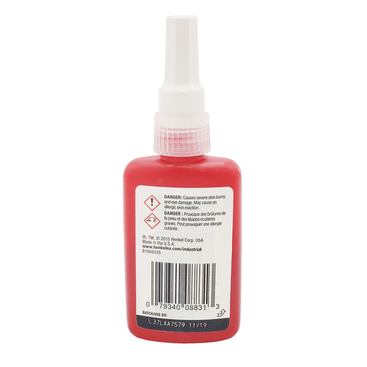 Back label of Loctite 08831 threadlocker bottle showing hazard warnings, barcode 079340088313, and batch code L37LAA7579 11/19