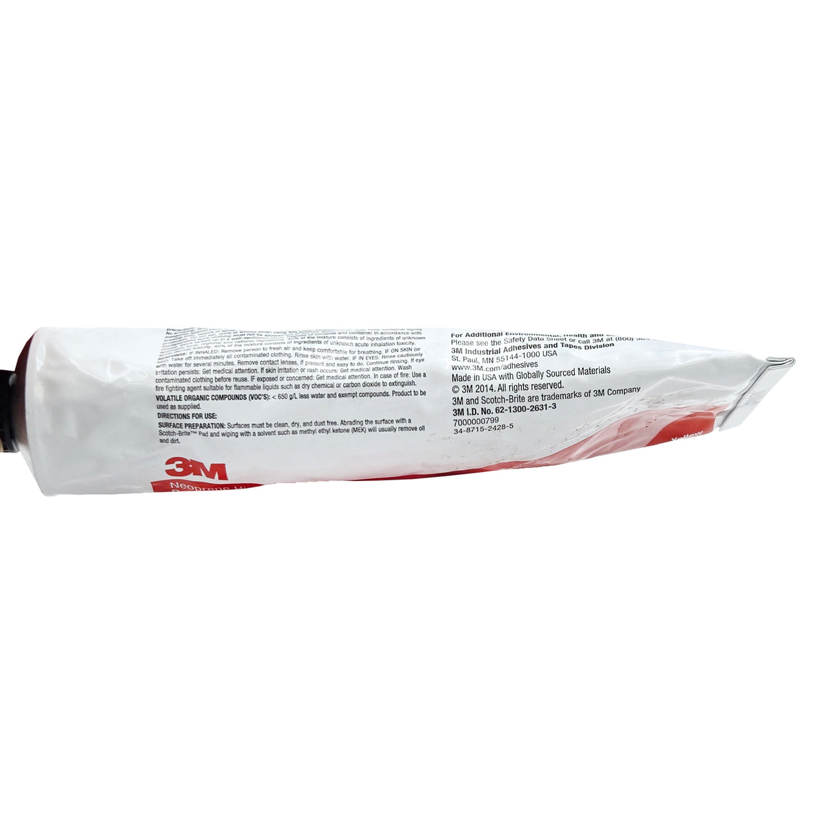 Bottom of 3M 1300 adhesive tube displaying surface preparation directions and VOC information.