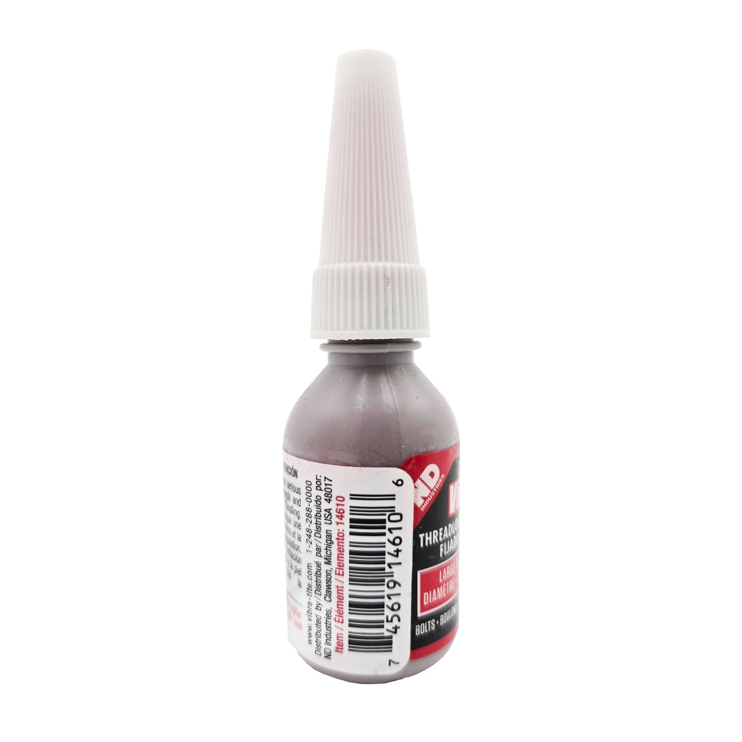 Vibra-Tite 146 Threadlocker back label with ND Industries distributor info, barcode, and Made in USA text.