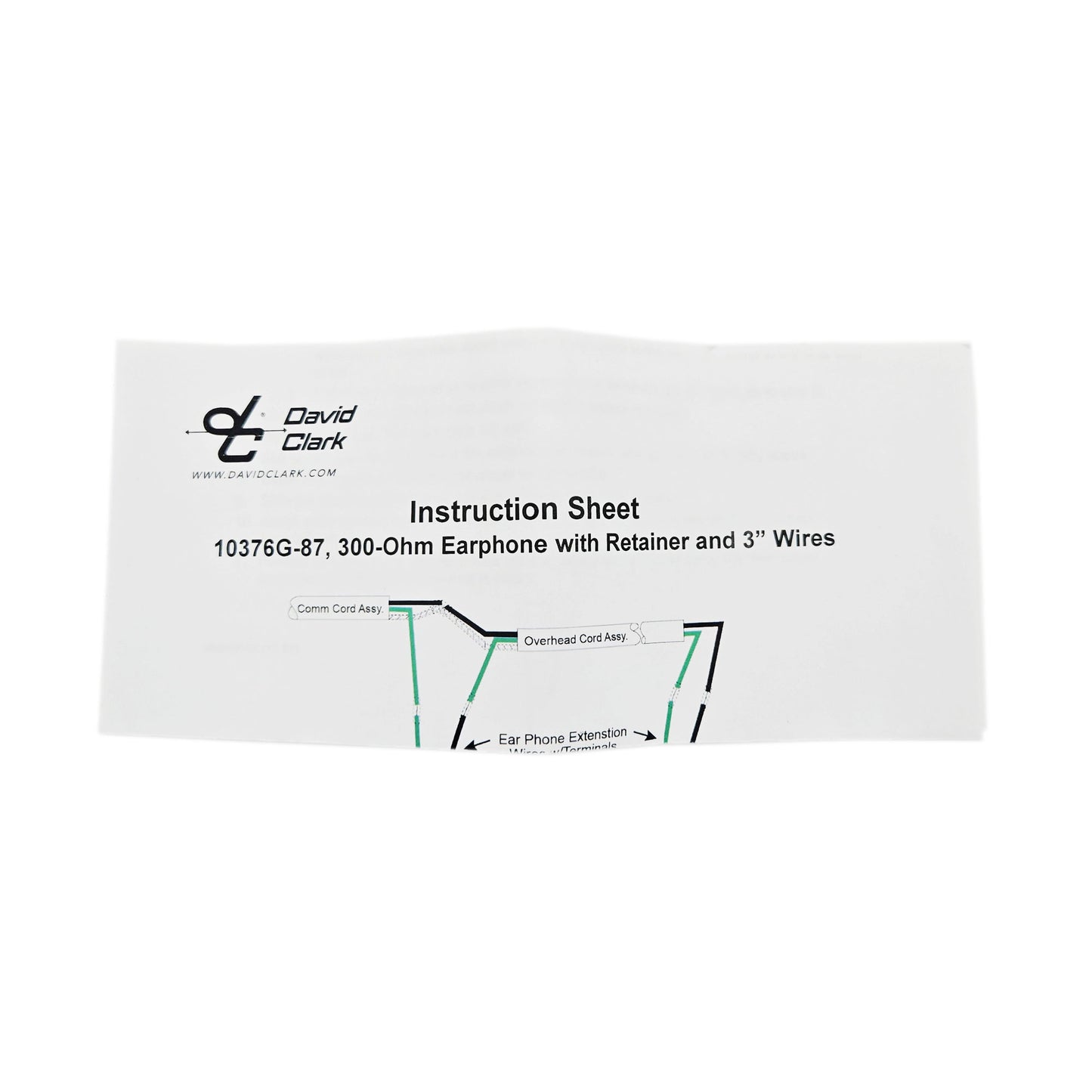 Instruction sheet for David Clark 10376G-87 300-ohm earphone assembly with wiring diagram and installation guidance.