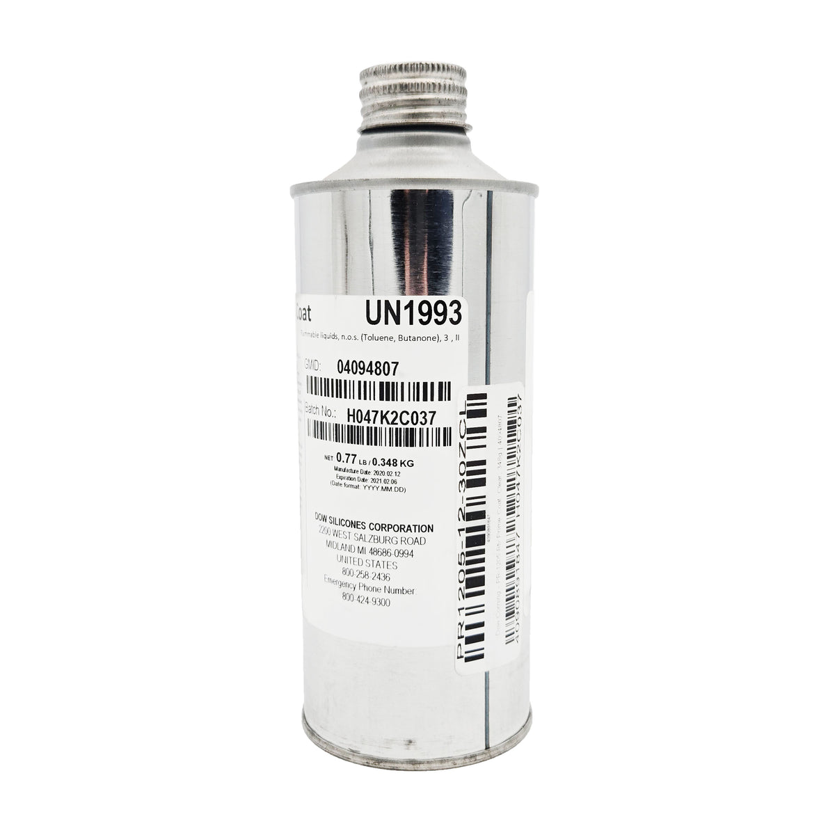 Label on expired DOWSIL PR-1205 Prime Coat showing UN1993 flammable liquid classification, batch H047K2C037, GMID 04094807, and 0.77 L contents.