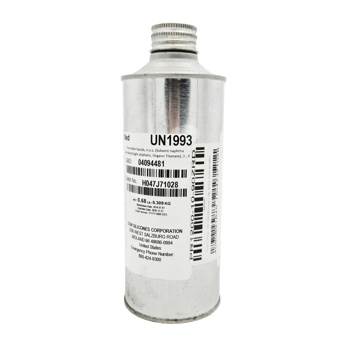 Label on expired DOWSIL PR-1200 RTV Prime Coat showing UN1993 flammable liquid classification, batch H047J71028, GMID 04094481, and 0.68 L contents.
