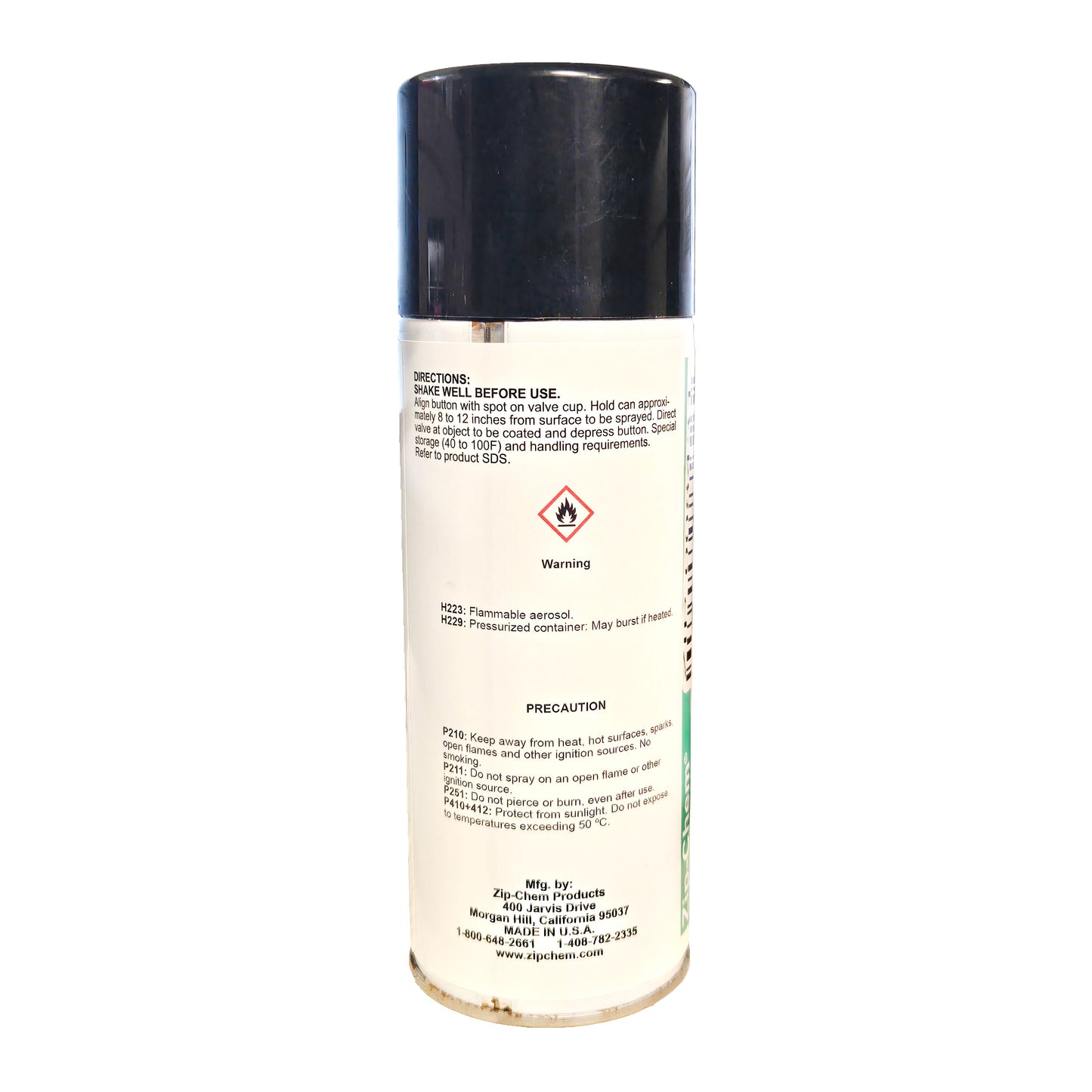 Back label of Zip Chem D-5933NS aerosol grease showing spray directions, GHS hazard codes, and manufacturer contact information.