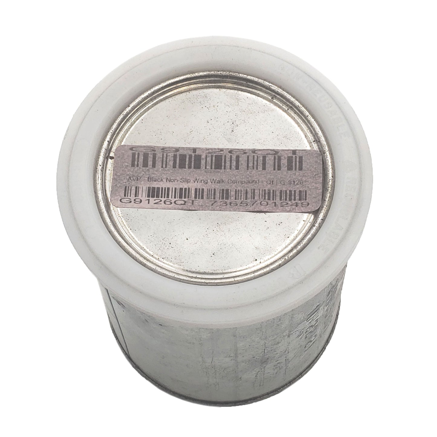 Top view of AVP black non-slip wing walk compound quart can showing sealed metal lid, product identification label, and barcodes.