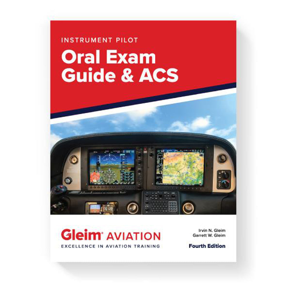 Book titled 'Instrument Pilot Oral Exam Guide & ACS' by Gleim Aviation with an aviation dashboard image on a red background.