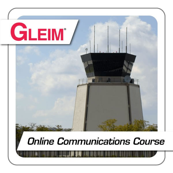 Air traffic control tower with GLEIM logo and 'Online Communications Course' text