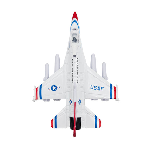 WowToyz F-16 Thunderbirds Pullback Jet – Top View Highlighting Wings and Paint Scheme