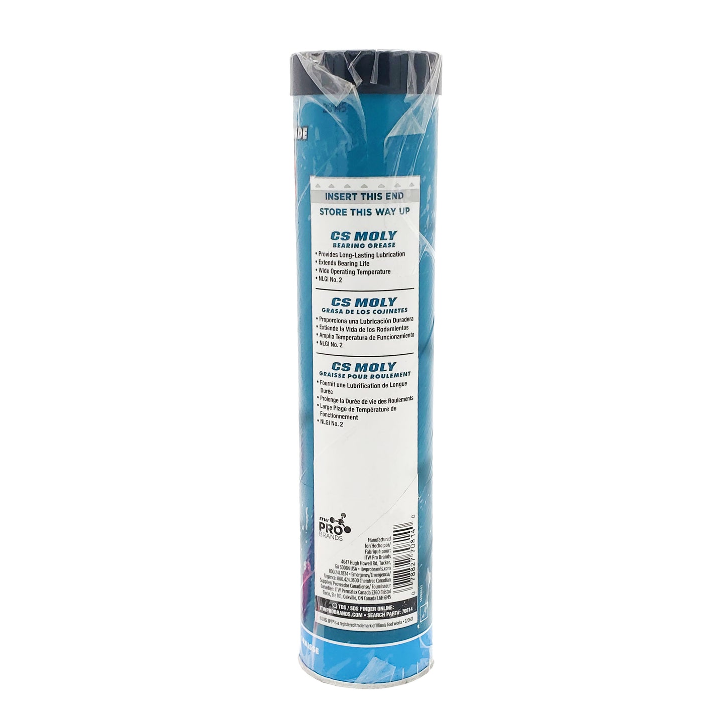 LPS CS MOLY bearing grease cartridge side panel listing long-lasting lubrication features, NLGI 2 grade, and barcode.